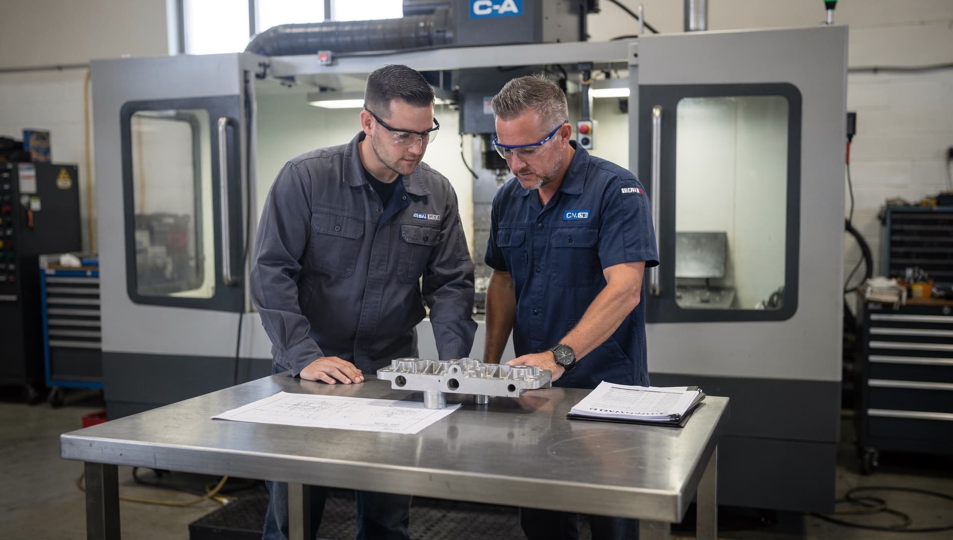 Manufacturing professionals reviewing a machined aluminum part and technical drawing in a CNC shop.